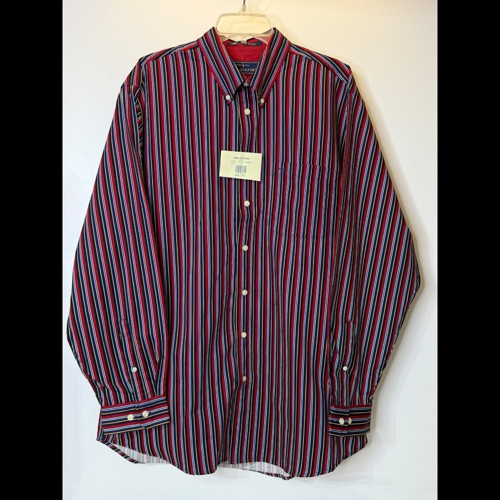 John Ashford Mens Large Tall Striped Button Down‎ Long Sleeve Dress Casual Shirt